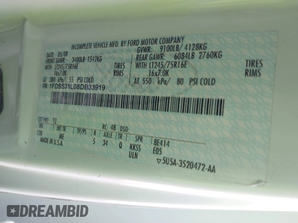 2008 Ford Econoline Passenger XL с VIN 1FDSS31L08DB33919, выставлен на аукционе IAAI как лот 41865371 с пробегом 264 755 миль миль и . История ставок и продаж доступна на DreamBid. Изображение 9.