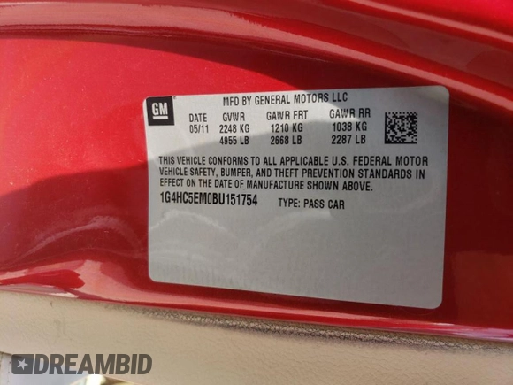 2011 Buick Lucerne CXL with VIN 1G4HC5EM0BU151754, listed as a Copart auction lot 62826543 with 135,035 mi miles and Salvage Title. Bid and sale history available at carsss.com. Image 13.