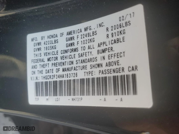 2017 Honda Accord Sedan LX with VIN 1HGCR2F34HA163726, listed as a Copart auction lot 63724364 with 65,020 mi miles and Salvage Title. Bid and sale history available at carsss.com. Image 12.