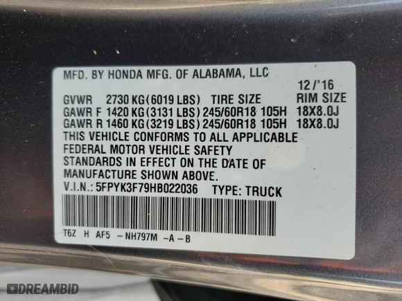 2017 Honda Ridgeline RTL-E with VIN 5FPYK3F79HB022036, listed as a Copart auction lot 88839325 with 57,851 mi miles and Salvage Title. Bid and sale history available at carsss.com. Image 12.