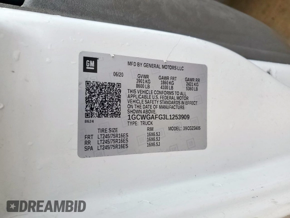 2020 Chevrolet Express Cargo with VIN 1GCWGAFG3L1253909, listed as a Copart auction lot 51053565 with 151,351 mi miles and Clean title. Bid and sale history available at DreamBid. Image 14.