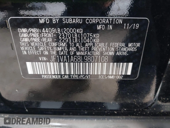 2020 Subaru WRX with VIN JF1VA1A68L9807108, listed as a IAAI auction lot 41990268 with 80,909 mi miles. Bid and sale history available at carsss.com. Image 9.