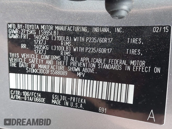 2015 Toyota Sienna LE AAS with VIN 5TDKK3DC0FS588089, listed as a IAAI auction lot 42501791 with 190,322 mi miles and . Bid and sale history available at DreamBid. Image 9.