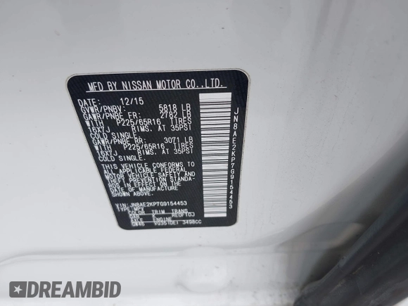 2016 Nissan Quest SL with VIN JN8AE2KP7G9154453, listed as a IAAI auction lot 39544605 with 163,185 mi miles and . Bid and sale history available at DreamBid. Image 9.