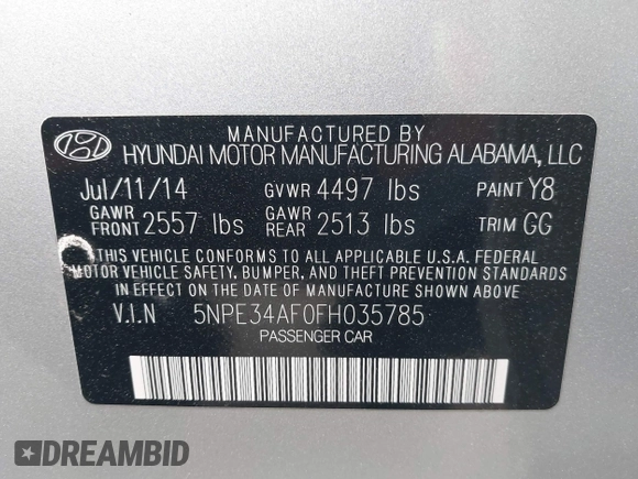 2015 Hyundai Sonata Limited with VIN 5NPE34AF0FH035785, listed as a IAAI auction lot 42082394 with 151,370 mi miles and . Bid and sale history available at DreamBid. Image 9.
