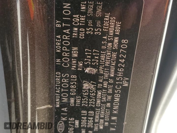 2017 Kia Sedona LX with VIN KNDMB5C15H6242708, listed as a Copart auction lot 52725965 with 165,992 mi miles and Clean Title. Bid and sale history available at DreamBid. Image 13.
