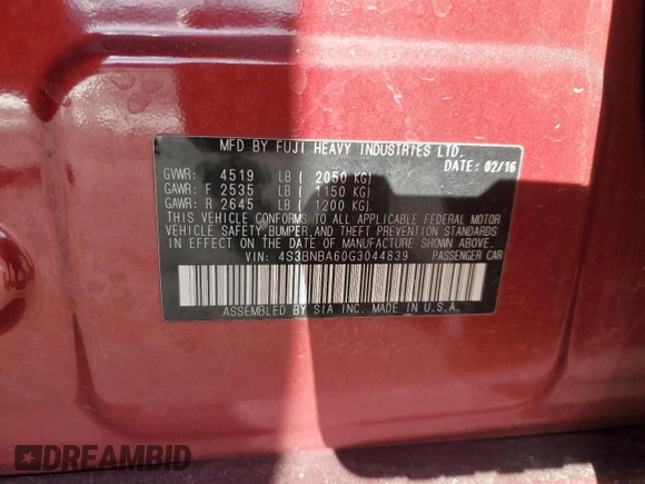 2016 Subaru Legacy 2.5i with VIN 4S3BNBA60G3044839, listed as a Copart auction lot 41841735 with 51,244 mi miles and Salvage Title. Bid and sale history available at carsss.com. Image 12.
