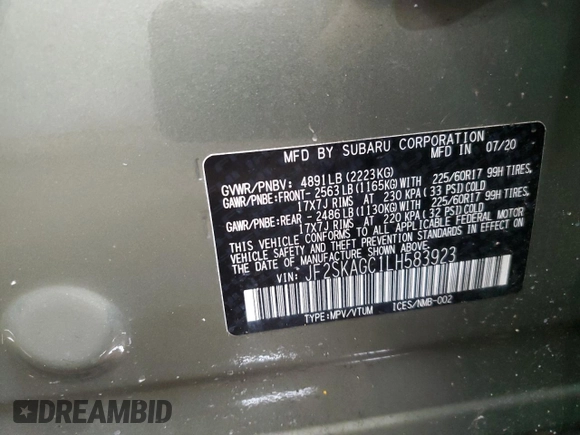 2020 Subaru Forester Premium with VIN JF2SKAGC1LH583923, listed as a Copart auction lot 49665515 with 61,874 mi miles and Salvage Title. Bid and sale history available at carsss.com. Image 13.