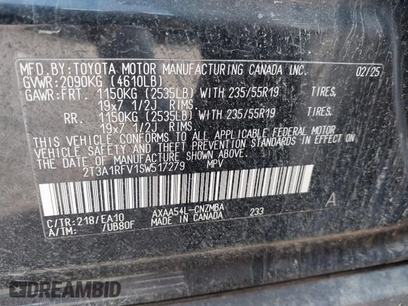 2025 Toyota RAV4 XLE Premium with VIN 2T3A1RFV1SW517279, listed as a IAAI auction lot 42363491 with 8,848 mi miles and . Bid and sale history available at DreamBid. Image 9.