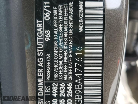 2011 Mercedes-Benz E 350 Luxury with VIN WDDHF5GB9BA477616, listed as a Copart auction lot 55775815 with 168,385 mi miles and Non Repairable. Bid and sale history available at DreamBid. Image 12.