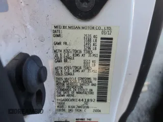 2012 Nissan Frontier SV with VIN 1N6AD0CU9CC441892, listed as a Copart auction lot 41854065 with 118,034 mi miles and Salvage title. Bid and sale history available at DreamBid. Image 12.