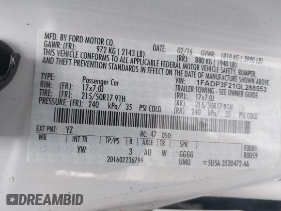 2016 Ford Focus SE with VIN 1FADP3F21GL288553, listed as a IAAI auction lot 42253117 with 107,727 mi miles and . Bid and sale history available at DreamBid. Image 9.