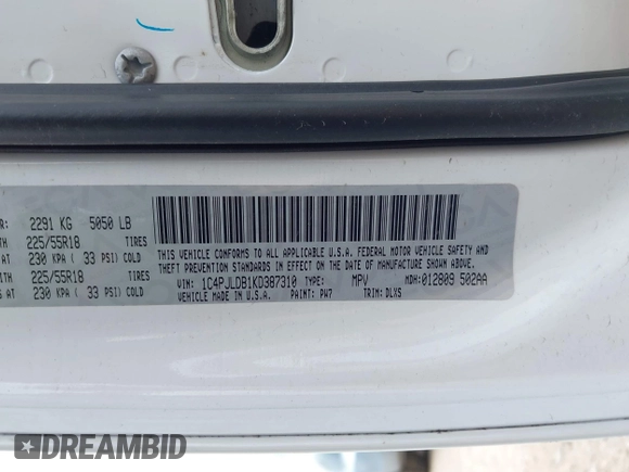 2019 Jeep Cherokee Limited with VIN 1C4PJLDB1KD387310, listed as a IAAI auction lot 42190270 with 96,635 mi miles and . Bid and sale history available at DreamBid. Image 9.