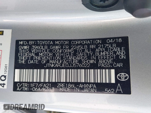 2018 Toyota Corolla iM with VIN JTNKARJE0JJ576022, listed as a IAAI auction lot 42114808 with 146,894 mi miles. Bid and sale history available at carsss.com. Image 9.