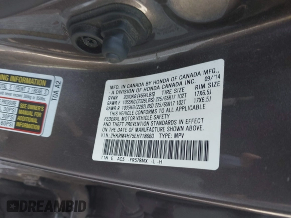 2014 Honda CR-V EX-L with VIN 2HKRM4H75EH718660, listed as a IAAI auction lot 41777405 with 82,956 mi miles. Bid and sale history available at carsss.com. Image 9.