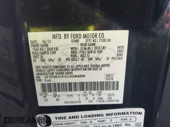 2012 Ford F-150 XL with VIN 1FTFW1CFXCKD94260, listed as a IAAI auction lot 38066251 with 1 mi miles. Bid and sale history available at carsss.com. Image 9.