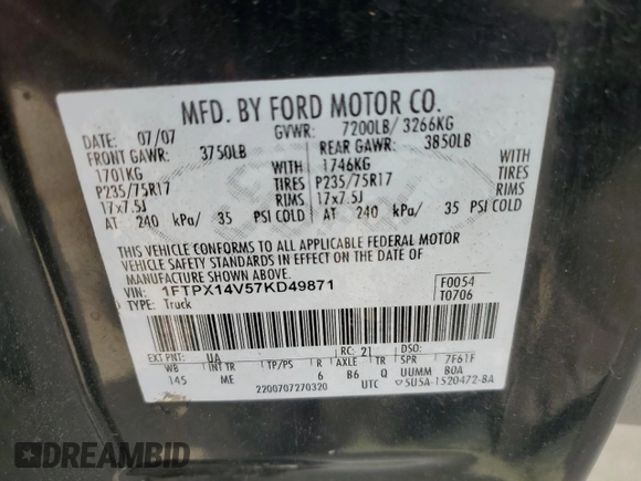 2007 Ford F-150 XLT with VIN 1FTPX14V57KD49871, listed as a Copart auction lot 51836105 with 223,194 mi miles and Clean title. Bid and sale history available at DreamBid. Image 12.