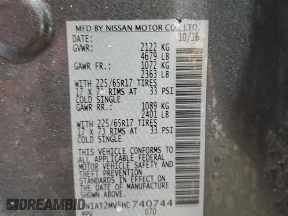2017 Nissan Rogue SV with VIN 5N1AT2MV5HC740744, listed as a Copart auction lot 60553305 with 108,241 mi miles and Salvage title. Bid and sale history available at DreamBid. Image 13.