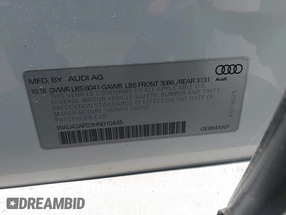2017 Audi A8 Sport with VIN WAU43AFD3HN010445, listed as a IAAI auction lot 42714864 with 106,748 mi miles and . Bid and sale history available at DreamBid. Image 9.