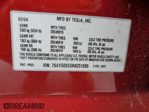 2024 Tesla Model Y Long Range с VIN 7SAYGDEE5RA251895, выставлен на аукционе Copart как лот 50180245 с пробегом 14 199 миль миль и Списание • Salvage title. История ставок и продаж доступна на DreamBid. Изображение 14.