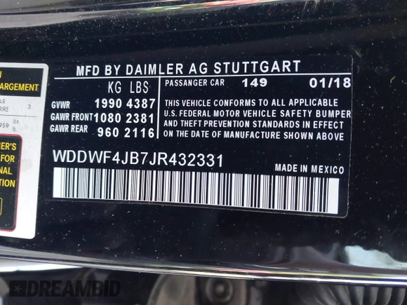 2018 Mercedes-Benz C 300 with VIN WDDWF4JB7JR312934, listed as a IAAI auction lot 41590598 with 94,088 mi miles and . Bid and sale history available at DreamBid. Image 9.
