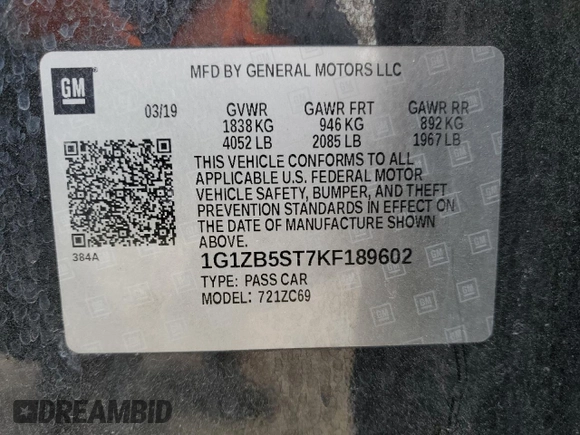 2019 Chevrolet Malibu LS with VIN 1G1ZB5ST7KF189602, listed as a Copart auction lot 47389585 with 94,140 mi miles and Non Repairable. Bid and sale history available at DreamBid. Image 12.