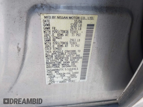 2007 Nissan Xterra SE z VIN 5N1AN08U77C510461, wystawiony jako IAAI lot #42226029 z przebiegiem 158 814 mil mil oraz . Historia ofert i sprzedaży dostępna na DreamBid. Obrazek 9.