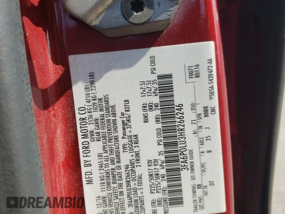 2017 Ford Fusion Hybrid SE with VIN 3FA6P0LU3HR266246, listed as a Copart auction lot 59747805 with 251,396 mi miles and Salvage title. Bid and sale history available at DreamBid. Image 13.