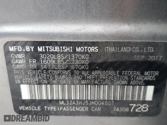 2018 Mitsubishi Mirage ES with VIN ML32A3HJ5JH004507, listed as a Copart auction lot 55047635 with 74,597 mi miles and Salvage title. Bid and sale history available at DreamBid. Image 12.