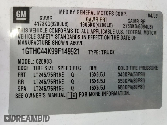 2009 GMC Sierra 1500 with VIN 1GTHC44K99F149921, listed as a Copart auction lot 42698865 with 251,415 mi miles and Salvage Title. Bid and sale history available at DreamBid. Image 12.