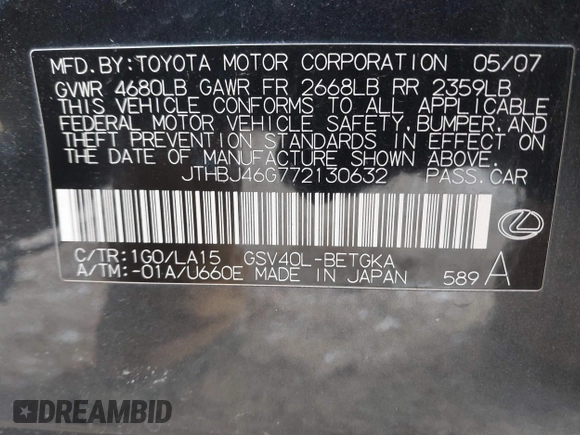 2007 Lexus ES 330 with VIN JTHBJ46G772130632, listed as a IAAI auction lot 41559899 with 177,729 mi miles and . Bid and sale history available at DreamBid. Image 9.