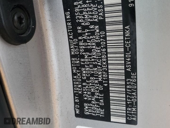 2011 Toyota Camry LE with VIN 4T1BF3EK8BU610710, listed as a Copart auction lot 52512635 with 202,244 mi miles and Salvage Title. Bid and sale history available at DreamBid. Image 14.
