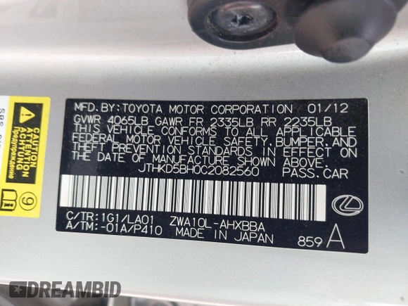 2012 Lexus CT CT 200h with VIN JTHKD5BH0C2082560, listed as a IAAI auction lot 42221415 with 194,321 mi miles and . Bid and sale history available at carsss.com. Image 9.