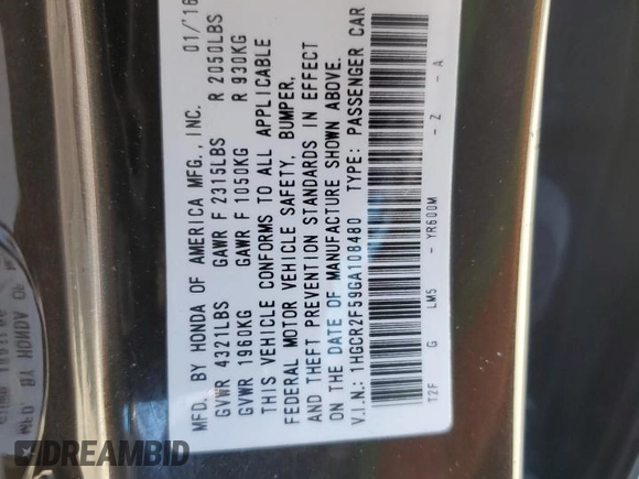 2016 Honda Accord Sport with VIN 1HGCR2F59GA108480, listed as a Copart auction lot 49613955 with 131,612 mi miles and Salvage Title. Bid and sale history available at DreamBid. Image 14.