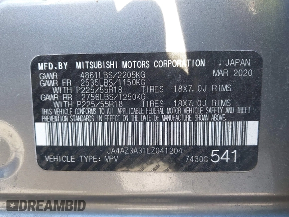 2020 Mitsubishi Outlander ES with VIN JA4AZ3A31LZ041204, listed as a IAAI auction lot 41265645 with 98,372 mi miles and . Bid and sale history available at DreamBid. Image 9.