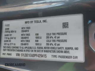 2023 Tesla Model 3 с VIN 5YJ3E1EA0PF429415, выставлен на аукционе IAAI как лот 41590189 с пробегом 37 380 миль миль и . История ставок и продаж доступна на DreamBid. Изображение 9.