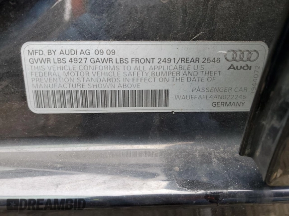 2010 Audi A4 2.0T Premium Plus with VIN WAUFFAFL4AN022245, listed as a Copart auction lot 85305504 with 0 mi miles and Salvage Title. Bid and sale history available at carsss.com. Image 12.