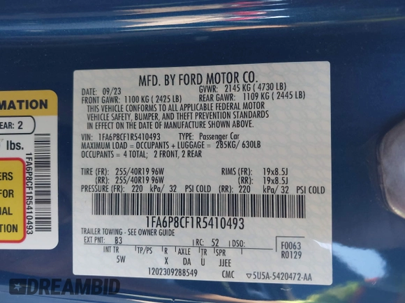 2024 Ford Mustang GT with VIN 1FA6P8CF1R5410493, listed as a IAAI auction lot 41394670 with 21,985 mi miles and . Bid and sale history available at DreamBid. Image 9.