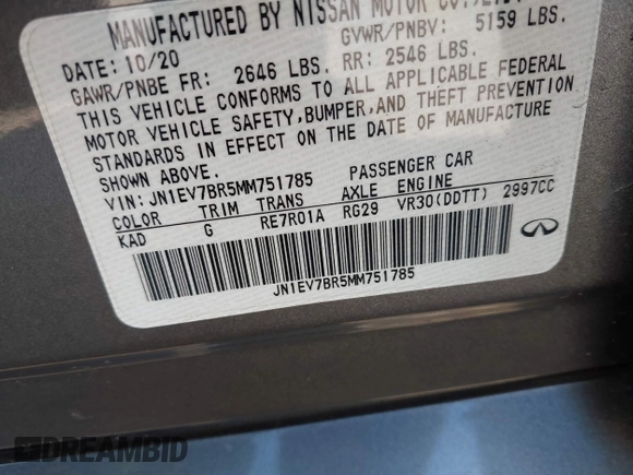 2021 Infiniti Q50 Luxe with VIN JN1EV7BR5MM751785, listed as a IAAI auction lot 41817093 with 48,331 mi miles and . Bid and sale history available at DreamBid. Image 9.
