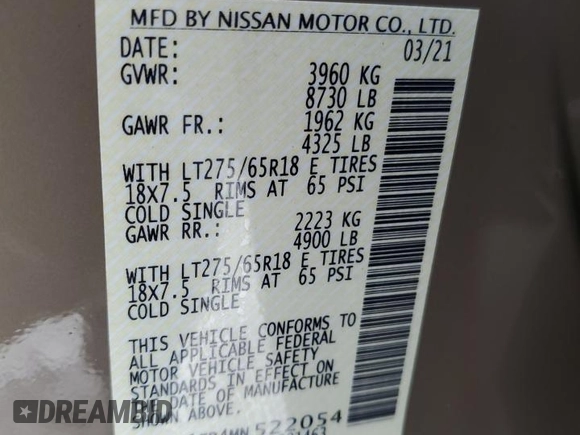 2021 Nissan Titan SV с VIN 1N6AA1FB4MN522054, выставлен на аукционе Copart как лот 83884484 с пробегом 36 789 миль миль и Списание • Salvage title. История ставок и продаж доступна на DreamBid. Изображение 12.