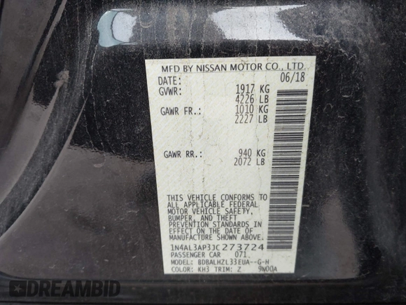 2018 Nissan Altima 2.5 SR with VIN 1N4AL3AP3JC273724, listed as a IAAI auction lot 41188355 with 148,692 mi miles. Bid and sale history available at carsss.com. Image 9.