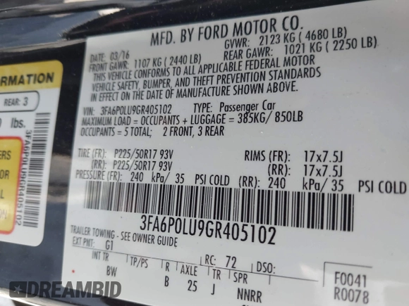 2016 Ford Fusion SE Hybrid with VIN 3FA6P0LU9GR405102, listed as a IAAI auction lot 42358807 with 91,130 mi miles and . Bid and sale history available at DreamBid. Image 9.