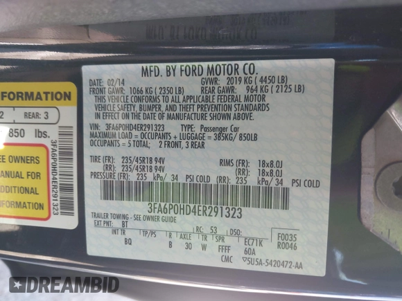2014 Ford Fusion SE with VIN 3FA6P0HD4ER291323, listed as a IAAI auction lot 41952990 with 148,583 mi miles. Bid and sale history available at carsss.com. Image 9.