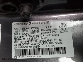 2021 Honda CR-V EX-L with VIN 5J6RW1H85MA002424, listed as a Copart auction lot 48469465 with 48,247 mi miles and Salvage Title. Bid and sale history available at carsss.com. Image 15.
