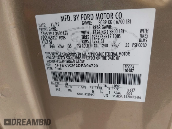 2013 Ford F-150 XL with VIN 1FTEX1CM2DFA94729, listed as a IAAI auction lot 41995108 with 283,724 mi miles. Bid and sale history available at carsss.com. Image 9.
