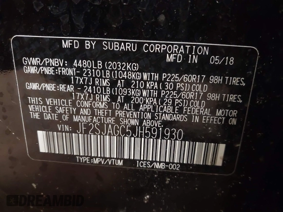 2018 Subaru Forester Premium with VIN JF2SJAGC5JH591930, listed as a IAAI auction lot 41380074 with 79,637 mi miles. Bid and sale history available at carsss.com. Image 9.