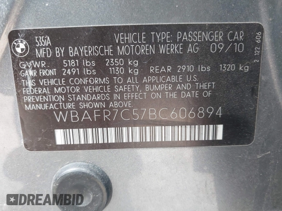2011 BMW 5 Series 535i with VIN WBAFR7C57BC606894, listed as a IAAI auction lot 41508192 with 136,990 mi miles and . Bid and sale history available at carsss.com. Image 9.