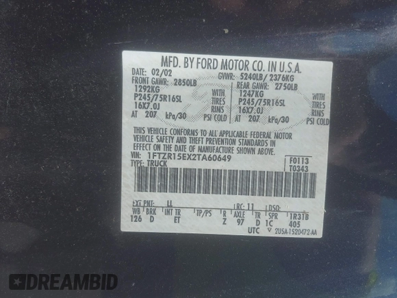 2002 Ford Ranger XL with VIN 1FTZR15EX2TA60649, listed as a IAAI auction lot 42620656 with 187,542 mi miles and . Bid and sale history available at DreamBid. Image 9.