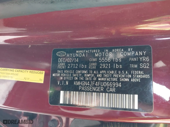 2015 Hyundai Genesis 5.0L with VIN KMHGN4JF4FU066994, listed as a IAAI auction lot 41208728 with 1 mi miles. Bid and sale history available at carsss.com. Image 9.