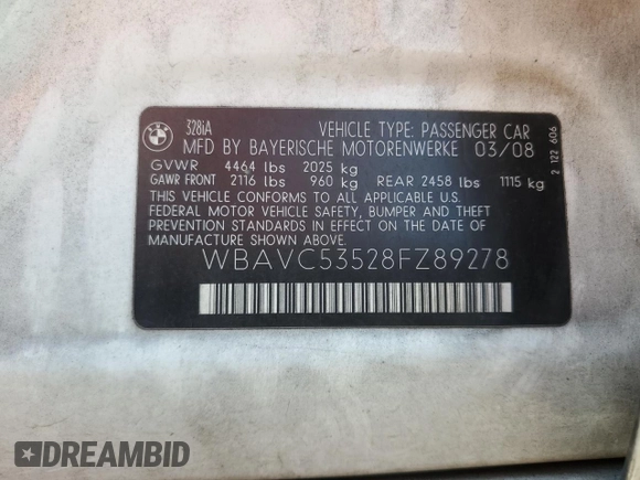 2008 BMW 3 Series 328i with VIN WBAVC53528FZ89278, listed as a Copart auction lot 64245555 with 158,265 mi miles and Salvage title. Bid and sale history available at DreamBid. Image 12.